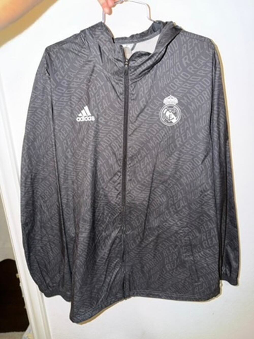 Adidas Real Madrid Men’s Large Black All-Over Print Hooded Windbreaker Jacket